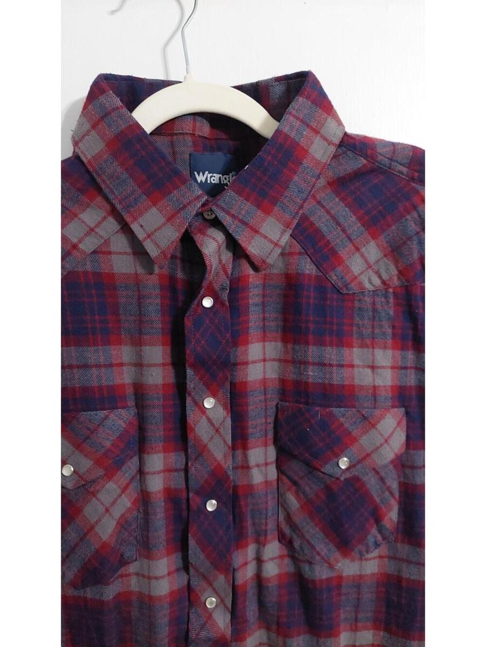 Wrangler Men's 2XLT Plaid Western Snap Button Shirt Burgundy Blue Cotton
